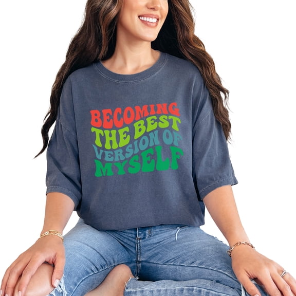 Becoming the Best Version of Myself, Personal Development or Growth Quote, Groovy Retro Wavy Text, Denim Comfort Colors T-Shirt, Medium