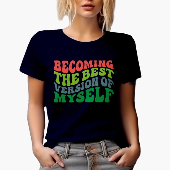 Becoming the Best Version of Myself, Personal Development or Growth Quote, Groovy Retro Wavy Text Merch Gift, Navy Blue T-Shirt, Medium