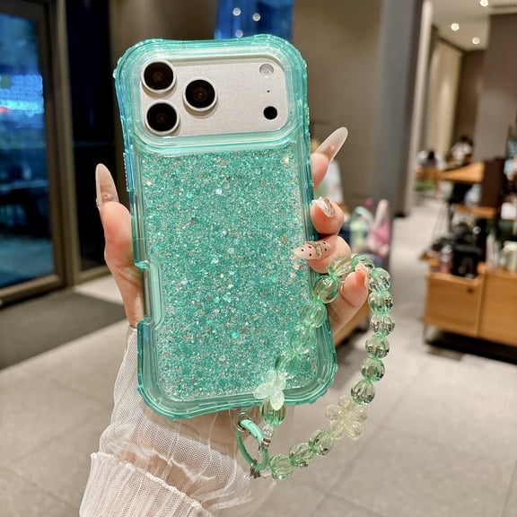Becova Case for iPhone 18 Pro Max with Wrist Strap, Glitter Anti-Yellowing Back Cover Case Lightweight Anti-Fingerprint Shockproof Protective Back Cover Bumper