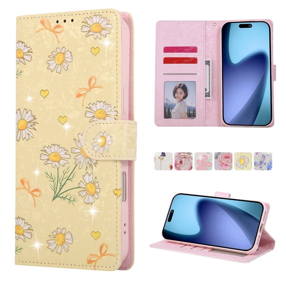 Becova Flip Wallet Case for Apple iPhone 18 Pro, Stylish Floral Embossed Protective Cards Slots Stand Anti-Scratch Hand Strap Protective Phone Cover for Women Girls