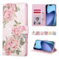thumbnail image 1 of Becova Flip Wallet Case for Apple iPhone 18 Pro, Stylish Floral Embossed Protective Cards Slots Stand Anti-Scratch Hand Strap Protective Phone Cover for Women Girls, 1 of 6