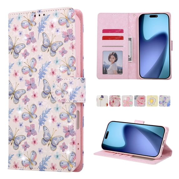 Becova Flip Wallet Case for Apple iPhone 18 Pro, Stylish Floral Embossed Protective Cards Slots Stand Anti-Scratch Hand Strap Protective Phone Cover for Women Girls