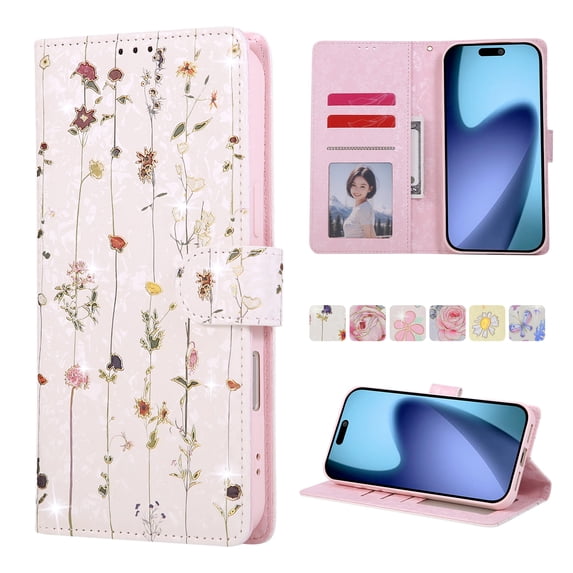 Becova Flip Wallet Case for Apple iPhone 18 Pro, Stylish Floral Embossed Protective Cards Slots Stand Anti-Scratch Hand Strap Protective Phone Cover for Women Girls