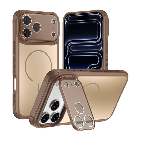 Becova Shockproof Case for Apple iPhone 18 Pro Compatible with MagSafe, Integrated Kickstand Lens Protector Heavy Duty Protective Phone Cover, Brown