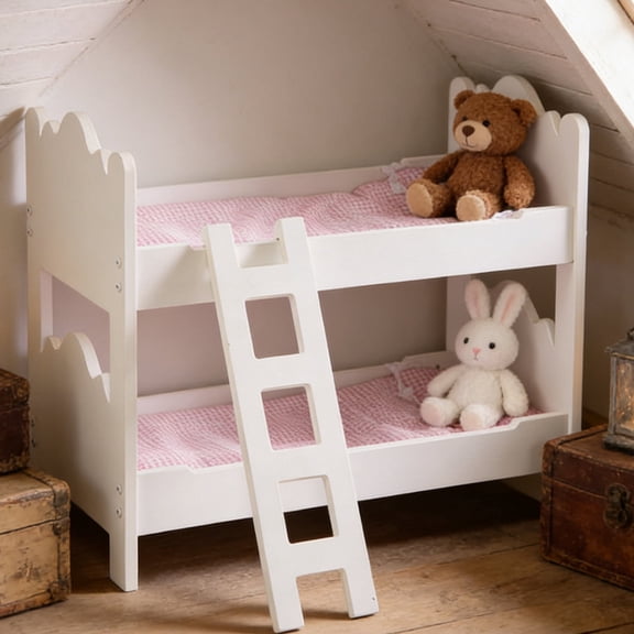 Bed Baby Doll Bunk Bed Easy Assembly Wooden Play Bunk Bed with Ladder Pink Bedding for 18 Inch Dolls