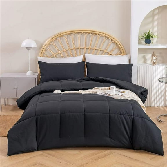 Bed in a Bag 5 Pieces Comforter Sets, All Season Bedding Sets with Comforter, Flat Sheet, Fitted Sheet and Pillowcases, All Season Down Alternative Ultra Soft Bedding (Black, Oversize King)