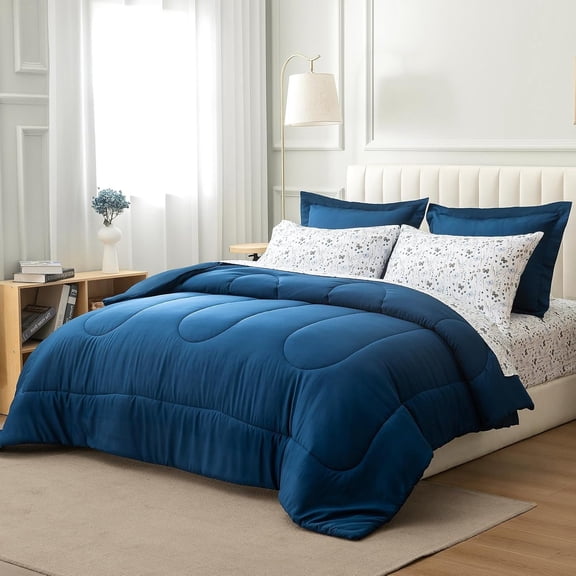 Bed in a Bag 5 count, Navy Blue Solid Comforter with Ink Wash Butterfly Floral Sheet Set, Soft Reversible Bedding Sets with Comforter, Sheets, Pillowcase & Sham for  Seasons