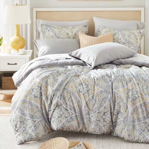 Bed in A Bag Comforter Set - Trendy Casual Design Queen Comforter with Complete Sheet Set with Side Pocket All Season Comforter Queen Shams Gloria Queen Grey/Yellow 9 Piece