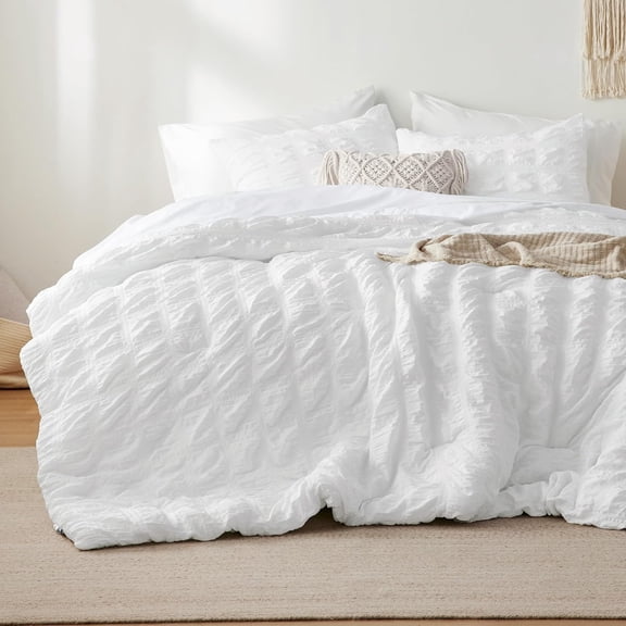 Bed in a Bag Full - 7 Pieces Plaid Seersucker Bedding Comforter Sets, Soft Lightweight White Boho Bed Set with Comforters Full Size, Sheets, Pillowcases & Shams