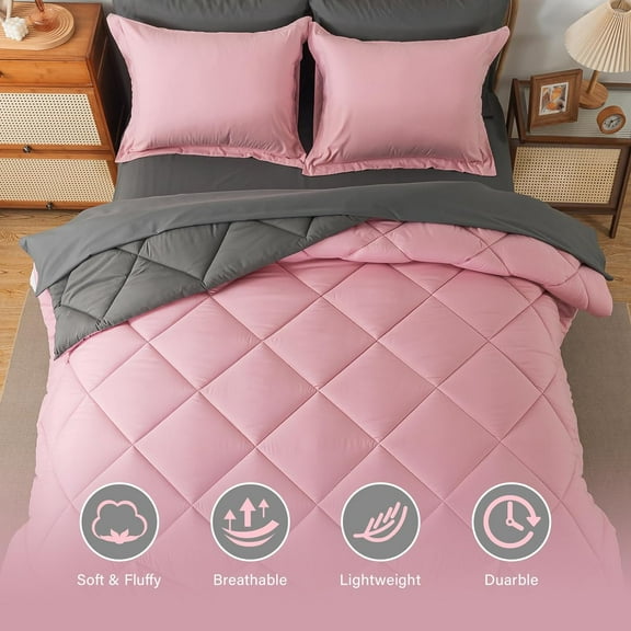 Bed in a Bag Full Comforter Sets 7pcs All Season Solid Down Alternative Bedding Sets Pink and Grey with Comforter, Pillow Shams, Flat Sheet, Fitted Sheet and Pillowcases
