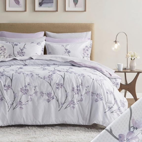 Bed in A Bag - Trendy Casual Design Cozy Comforter with Complete Sheet Set with Side Pocket, All Season Cover, Matching Shams Queen(90"x90"), Kate, Grey/Purple 9 Piece
