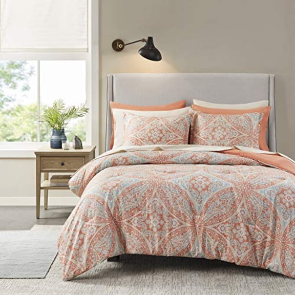 Bed in A Bag - Trendy Casual Design Cozy Comforter with Complete Sheet Set with Side Pocket All Season Cover Matching Shams Queen 90x90 Gloria Damask Coral 9 Piece
