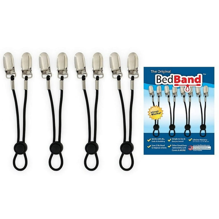 Bed Band Not Made in China. 100% USA Worker Assembled.. Bed Sheet Holder,  Gripper, Suspender and Strap. Smooth any Sheets on any Bed. Black, 1 Pack  (4