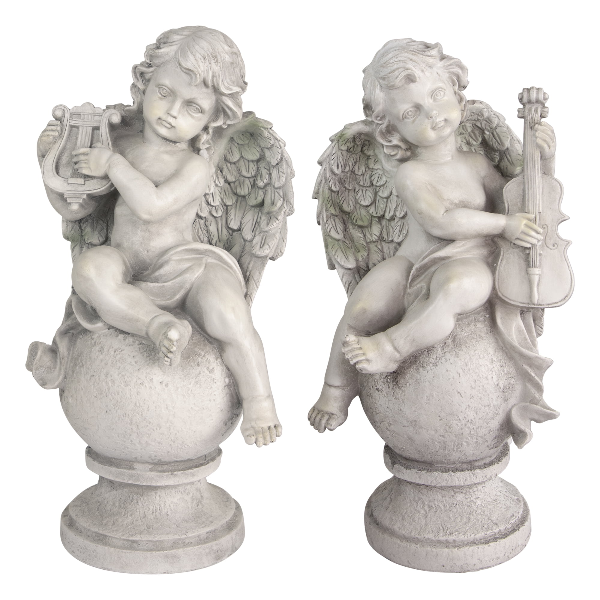 Bed Bath & Beyond 15.25” Cherub Angels Harp & Violin Garden Statues, Intricate Details (2 Count)