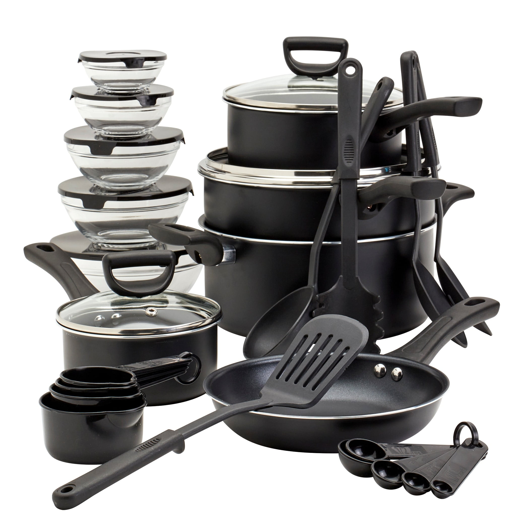 32-Piece Black Non-Stick Aluminum Cookware Set with Bakelite Handles