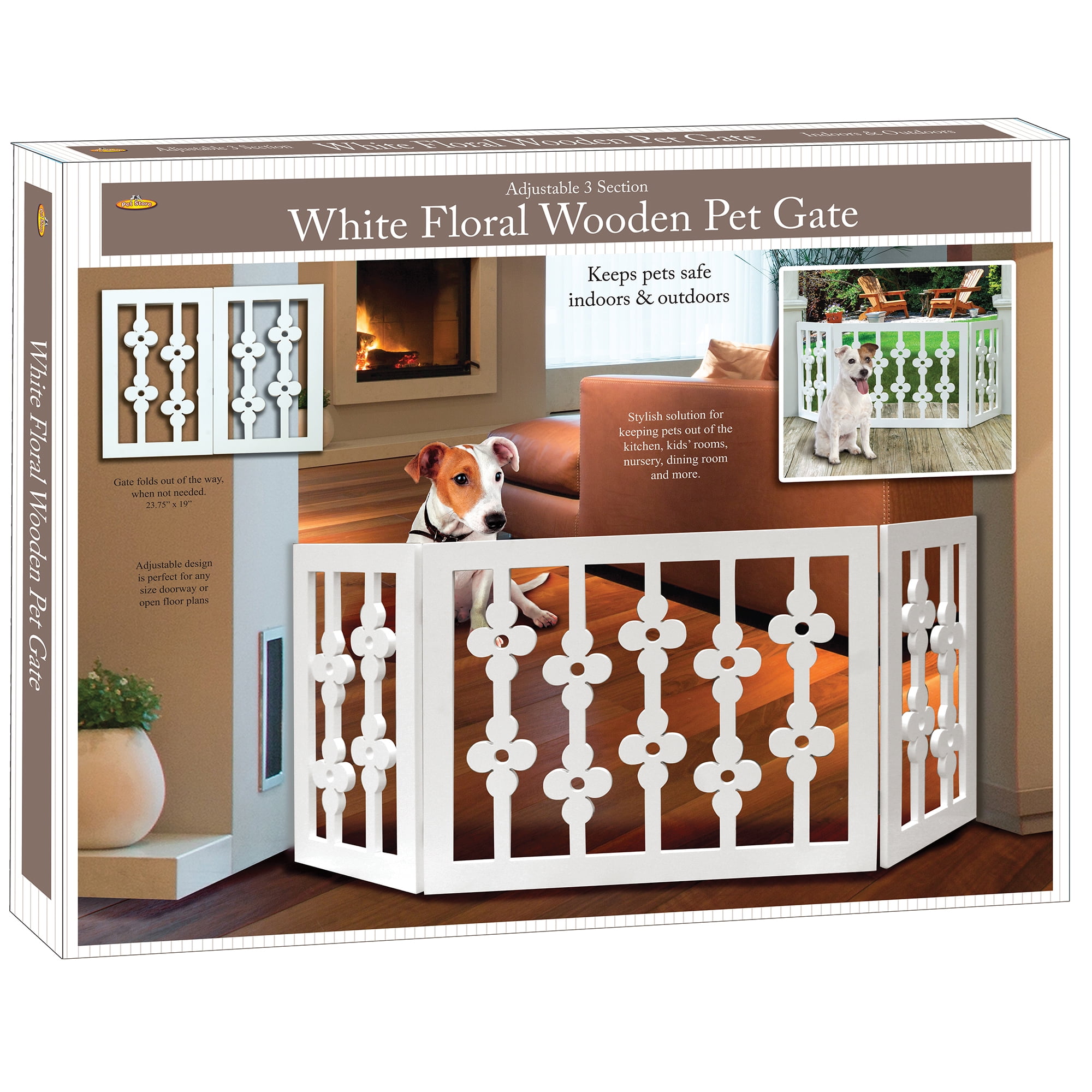 White Floral Wooden Freestanding Pet Gate for Dogs