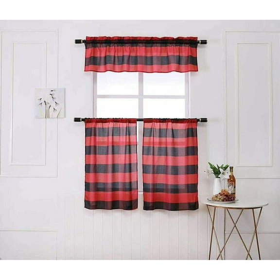 Bed Bath & Beyond Buffalo Check Plaid Kitchen Curtains, Red/Black, 54” x 15” (3 Panels)