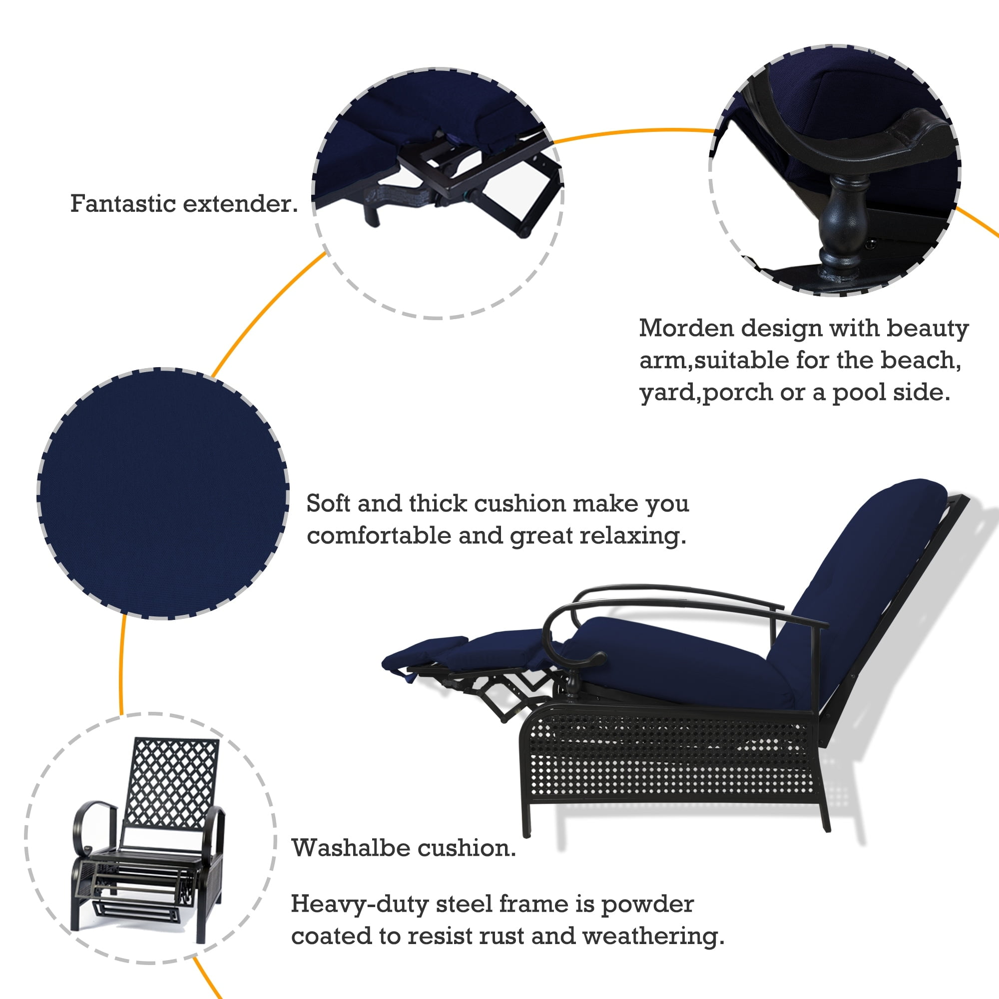 Navy Blue Cushioned Steel Outdoor Reclining Lounge Chair