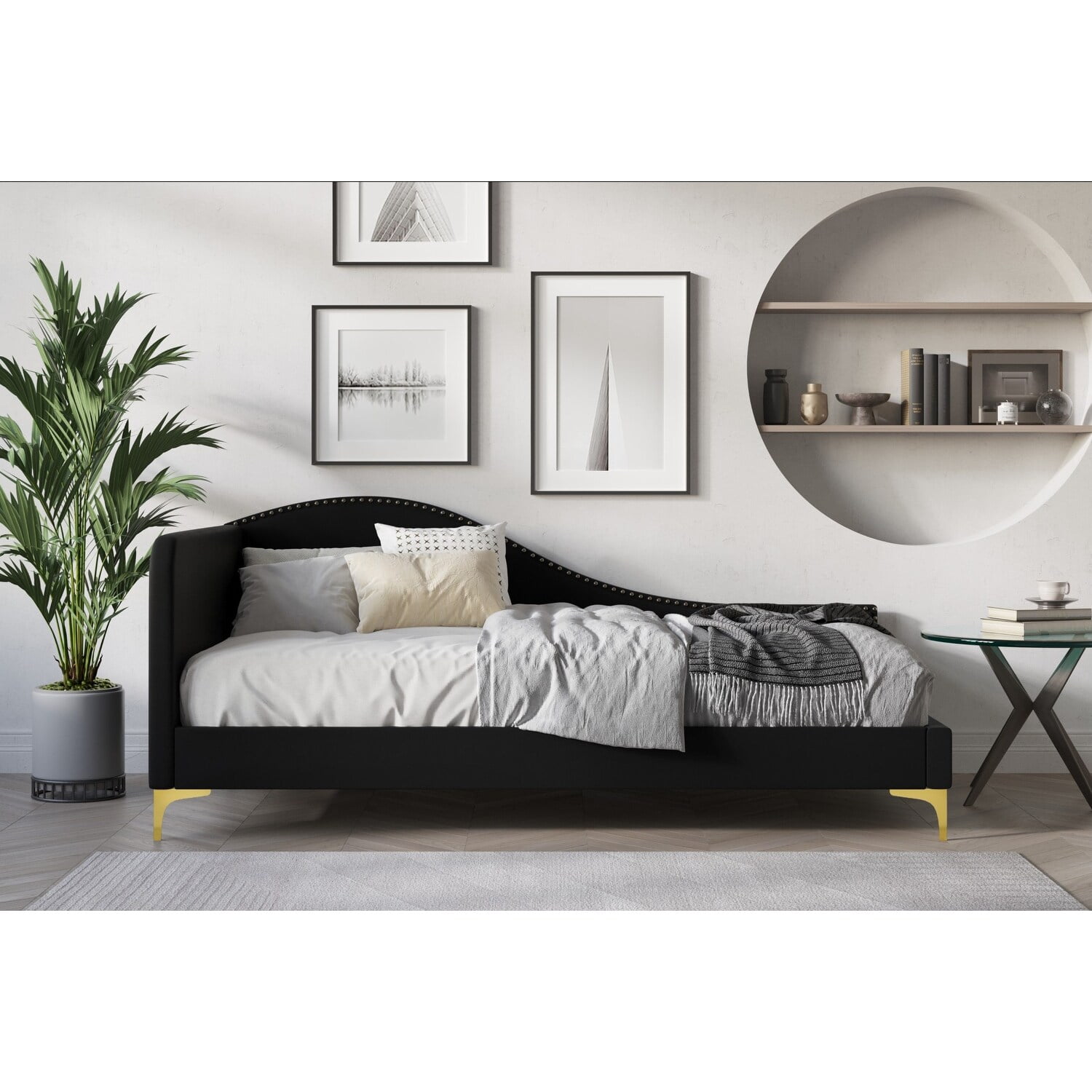 Home Design Lorettta Upholstered Daybed with Sloped Back and High Arm, Nailhead Trim, Black – Adult Guest Room, Bedroom, and Living Room, Easy Assembly