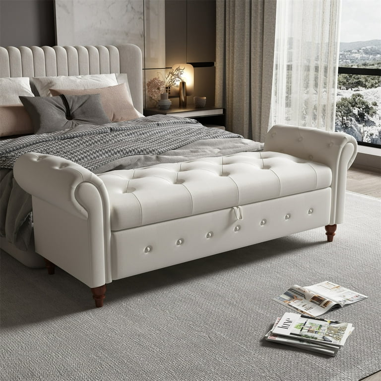 Bed Bench Storage Bench Bed End Bench Shoe Bench with Deep Button Tufting Rolled Arms 63 Ottoman Bench Fabric Footrest for Living Room Bedroom
