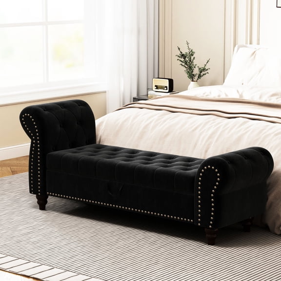 Bed Bench with Storage Function | Soft Velvet & Brown Legs | Bedroom Use