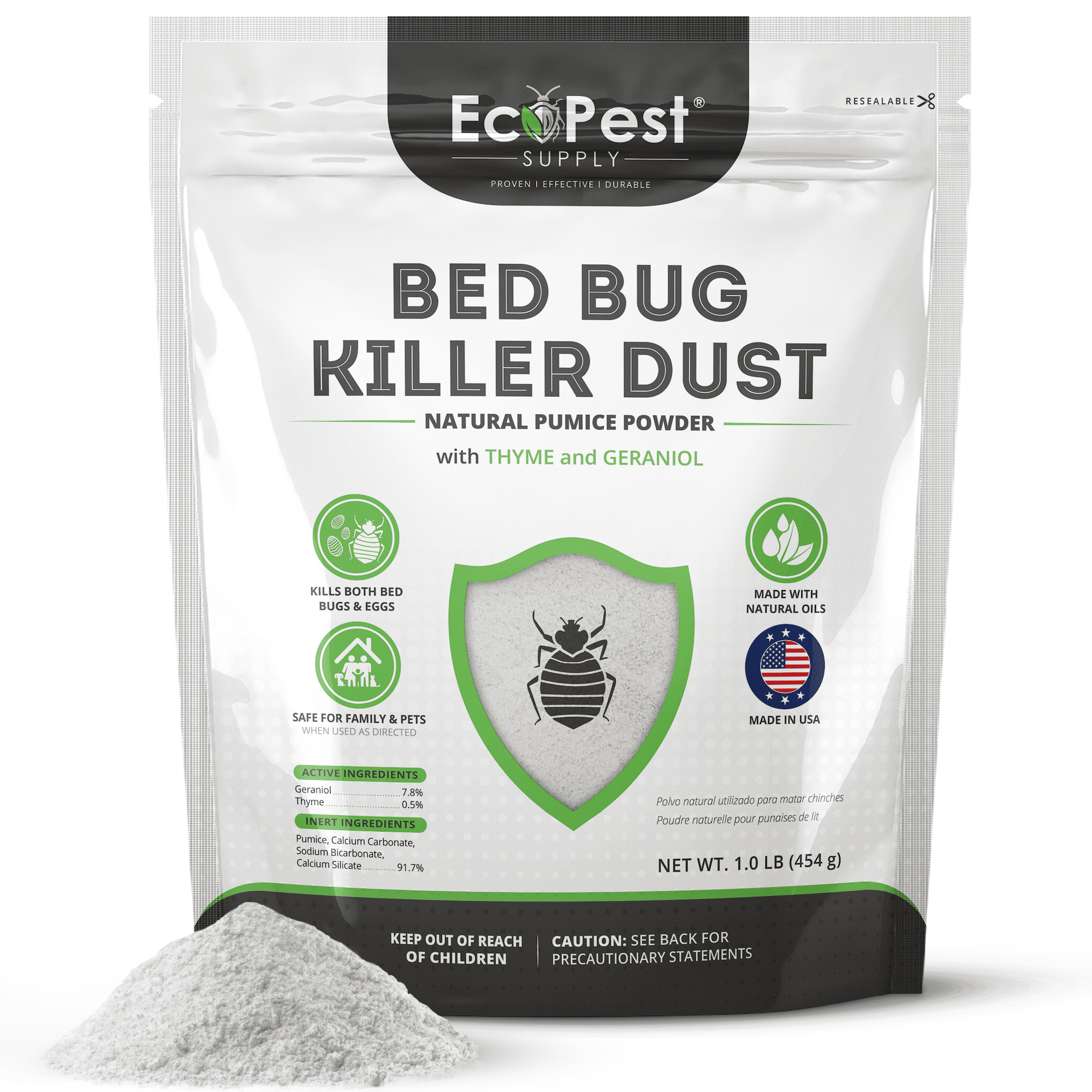 Bed Bug Killer Dust, 1 lb. | Natural Pumice Powder with Thyme and Geraniol for Indoor Treatment of Bed Bugs | Kills Bed Bugs and Eggs by Contact | Low-Odor and Non-Staining Pest Control Powder