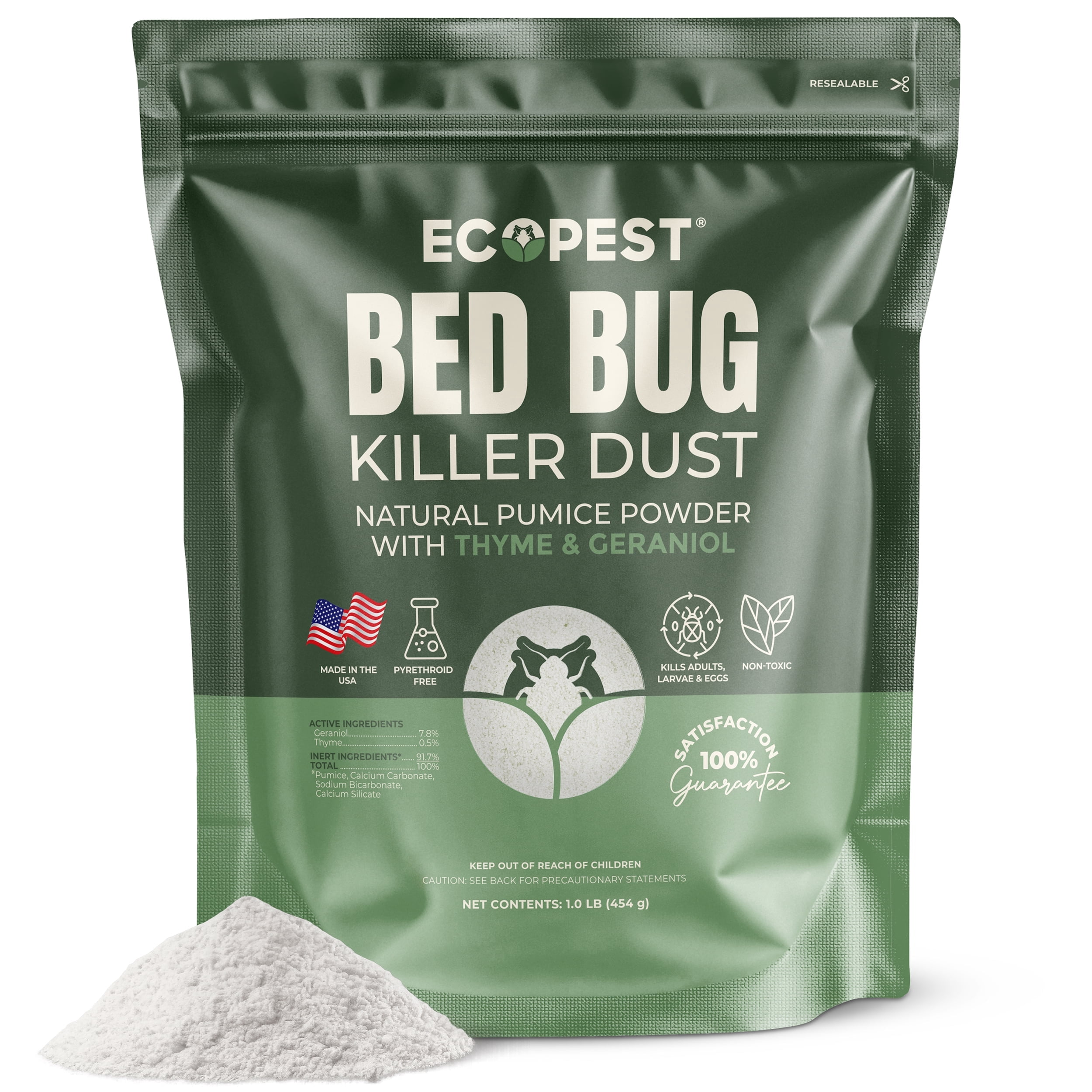 Bed Bug Killer Dust, 1 lb. | Natural Pumice Powder with Thyme and Geraniol for Indoor Treatment of Bed Bugs | Kills Bed Bugs and Eggs by Contact | Low-Odor and Non-Staining Pest Control Powder