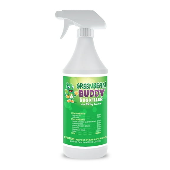 Bed Bug Killer, Flea Tick Treatment, Roach Killer with Residual Protection, Child & Pet Friendly, Green Bean Buddy Bug Spray, 32oz