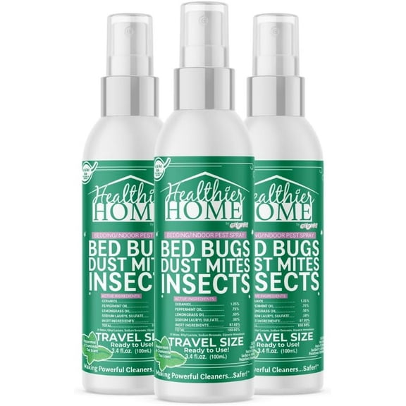 Bed Bug Spray, 3 Pack, Travel Size, Natural, Plant Based Bed Bug Killer, Insect & Pest Control for Home and Hotels for Ants, Bed Bugs, Spiders, Dust Mites, Flys, Peppermint Scent, 3.4 Fl Oz