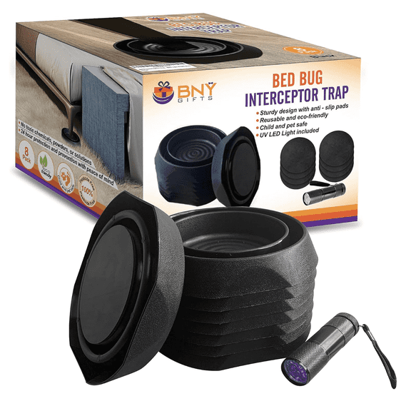 Bed Bug Trap, Bed Bug Interceptors with Anti Skid Pads and Black Light, 8 Pack, Black