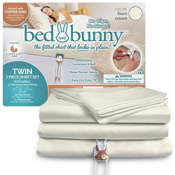 Twin Locking Fitted Bed Sheet Set (3 Pcs), Stays On & Wont Slip Off, Built-in StayFit Compression System Hugs Mattresses, AS SEEN ON TV, Wrinkle & Stain Resistant CopperSoft Fabric (Cream)