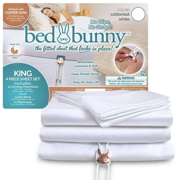 King Locking Fitted Bed Sheet Set (4 Pcs), Stays On & Wont Slip Off, Built-in StayFit Compression System Hugs Mattresses, AS SEEN ON TV, Wrinkle & Stain Resistant CopperSoft Fabric (White)
