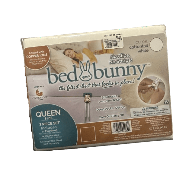Bed Bunny Queen Sheet Set, 3-Piece, Deep Pocket Fitted Sheet with Pillowcases, Copper-Infused Soft Fabric, Cottontail White