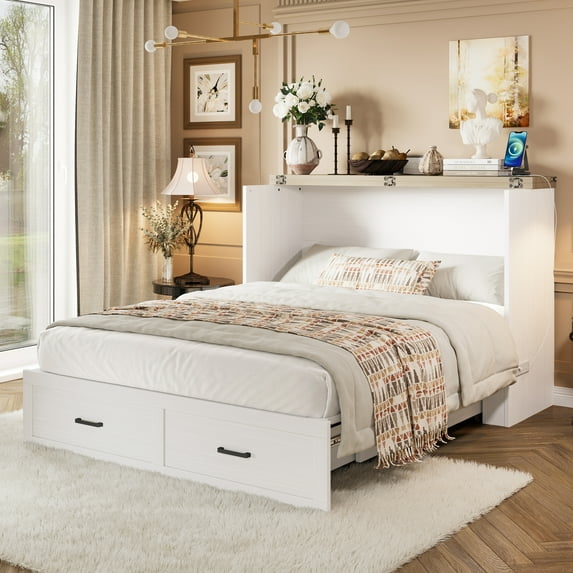 Bed Cabinet with Charging Station, Multi-Functional Foldable Platform Bed with 1 Large Storage Drawer for Guest Room, Small Bedroom, White