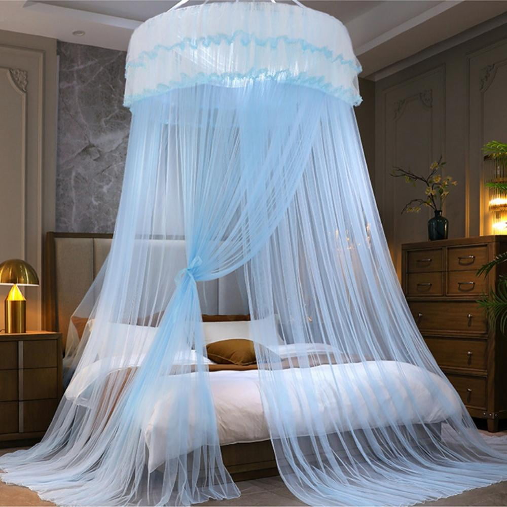 Bed Canopy, Bed Curtain for Double to King Size Canopy Curtains for Baby Kids Adult Round Lace Dome Quick Easy Installation for Bedroom Decoration, Blue
