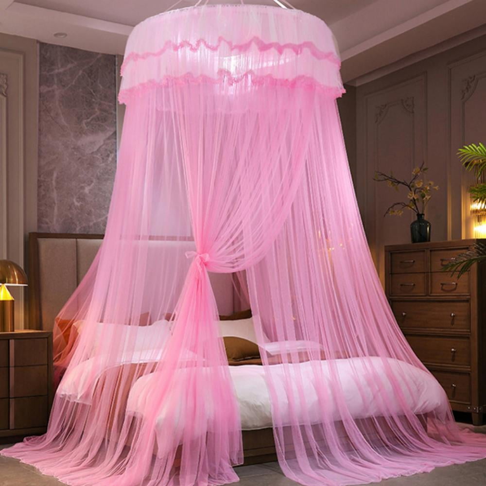 Bed Canopy, Bed Curtain for Double to King Size Canopy Curtains for Baby Kids Adult Round Lace Dome Quick Easy Installation for Bedroom Decoration, Pink