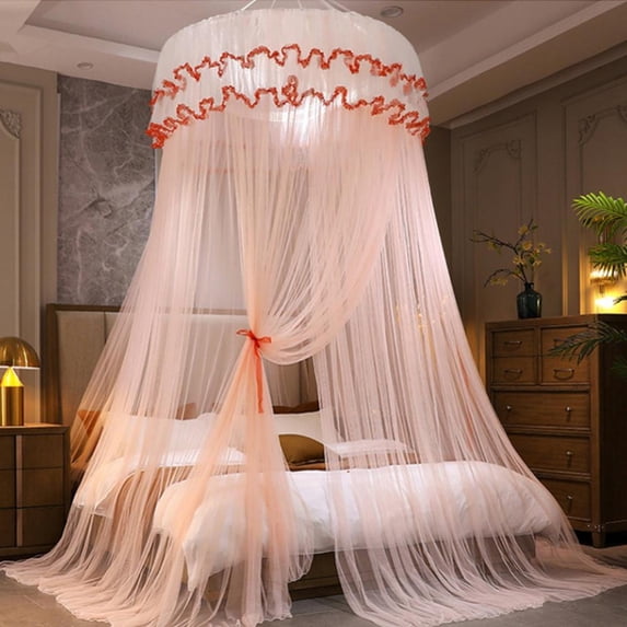 Bed Canopy, Bed Curtain for Double to King Size Canopy Curtains for Baby Kids Adult Round Lace Dome Quick Easy Installation for Bedroom Decoration, Red