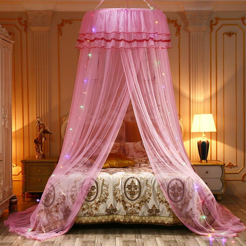 Bed Canopy, Bed Curtain for King Size, Canopy Bed Curtains Round Lace Dome, Bedroom Indoor Outdoor Decor for Girls Boys Adults, with String Lights, Pink