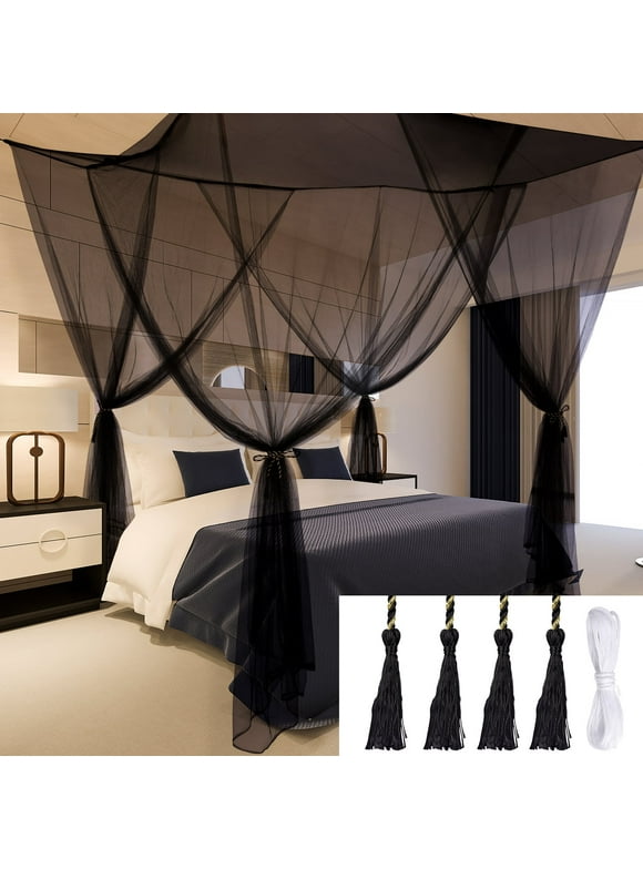Bed Canopy Curtains 4 Doors Square Polyester Bed Net Bedroom Decoration Easy Installation for Queen/King Size with Storage Bag 190*210*240cm Black