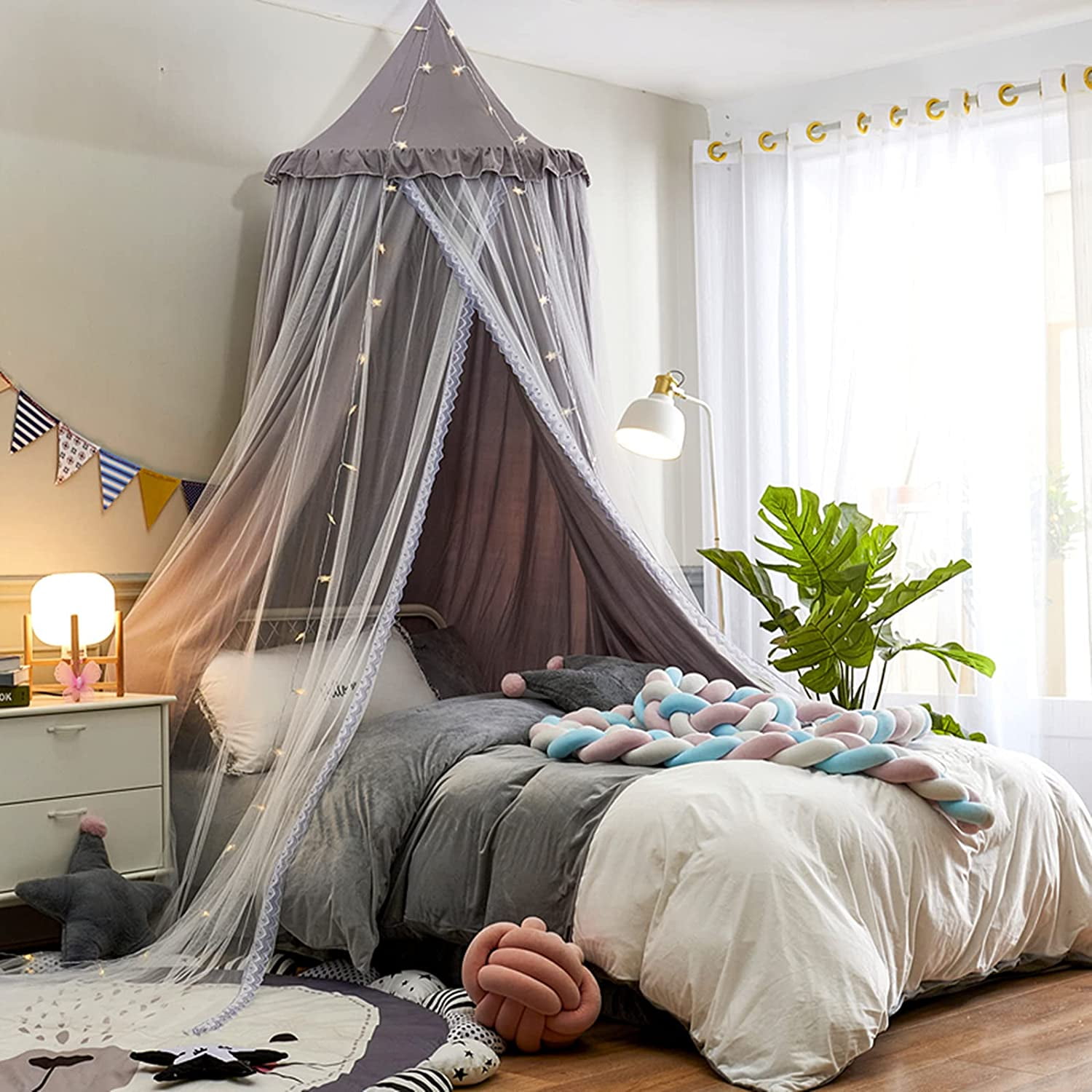 Bed Canopy Double Layer Princess Round Dome Dreamy Mosquito Net Bedding Girls Room Castle Play Tent Hanging House Decor Reading Nook Canopies(Gray/White)