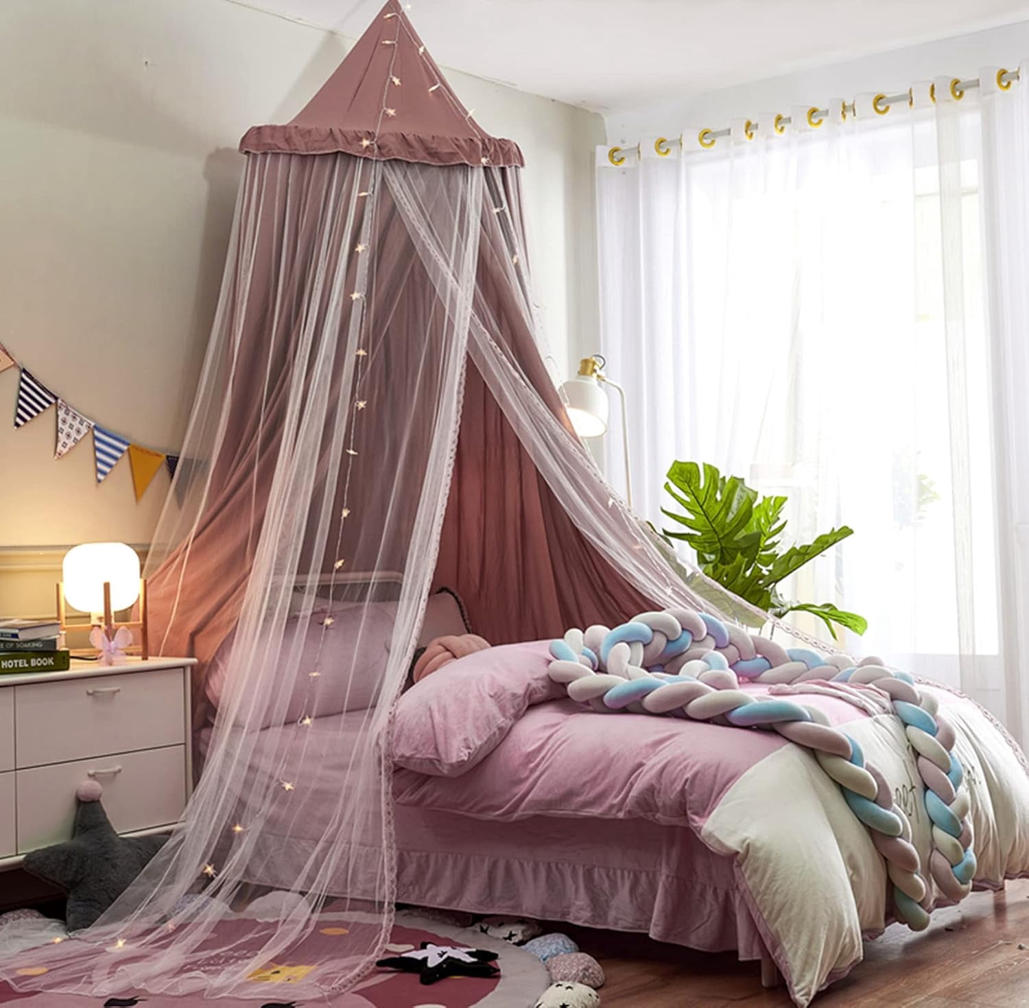 Bed Canopy Double Layer Princess Round Dome Dreamy Mosquito Net Bedding Girls Room Castle Play Tent Hanging House Decor Reading Nook Canopies(Jujube Red/White)