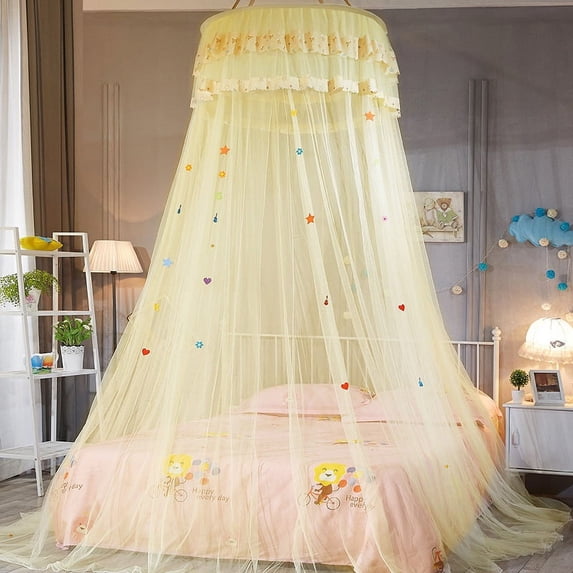Bed Canopy - Elegant Lace Round Hoop Polyester Sheer Mesh Bed Curtains - Princess Dome Bedding Net for Twin Full Queen King Size Bed, Quick Easy Installation, 65 x 260cm / 25.6 "x 102", Light Yellow