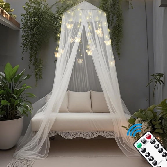 Bed Canopy for Girls or Adults, w/Warm-White Butterfly Lights Dream Room, Round Hoop White Bed Canopy Netting Mosquito Net, Large Size Home Decor for Twin, Full, Queen, King Bed