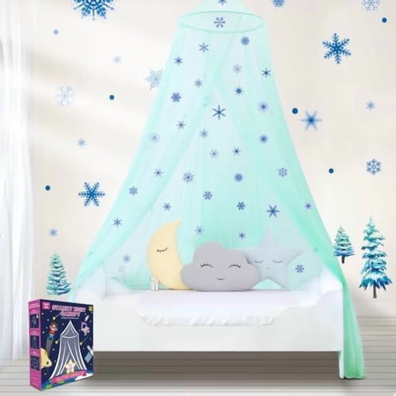 Bed Canopy for Girls with Glowing Snow in The Dark, Cyan Princess Bed Curtains for Kids Bed & Toddler Bed, Twin, Full & Queen, Mosquito Net Canopy for Girls