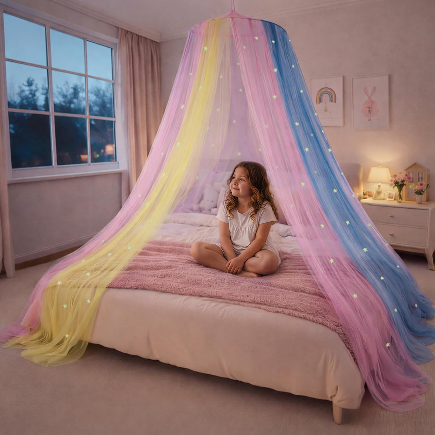 Bed Canopy for Girls with Glowing Stars - Canopy Bed Curtains | Fits Single, Twin, Full, Queen Size Kids - Princess Bed Canopy | Rainbow Bedroom Accessories, Netting Room Decor, Ceiling Tent