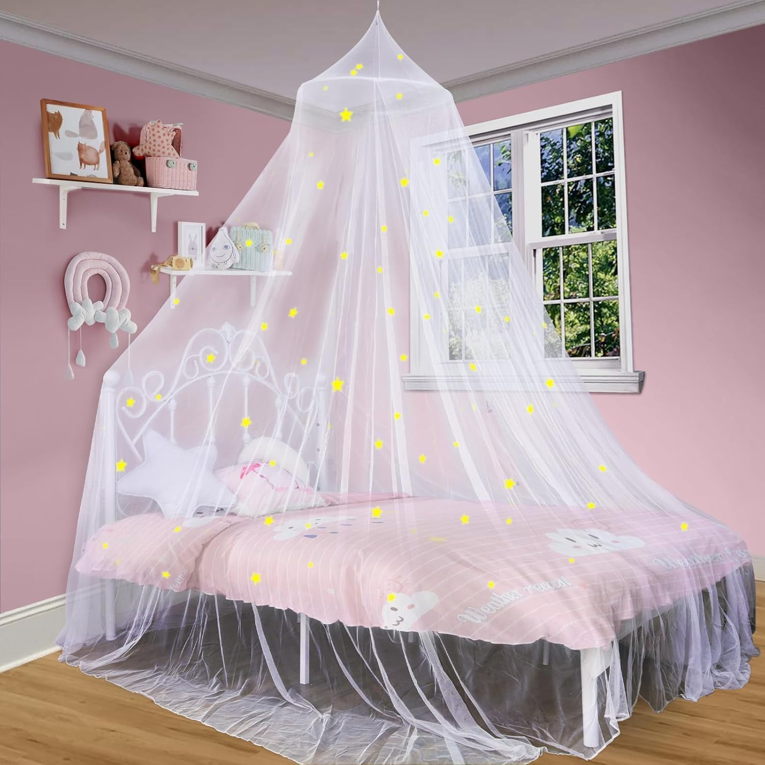 Bed Canopy for Girls with Glowing Stars, Princess Canopy Bed Curtains for Kids, Starry Net Canopy for Girls Room Decor, Kids Bed Canopy for Single, Twin, Full, Queen Size Bed
