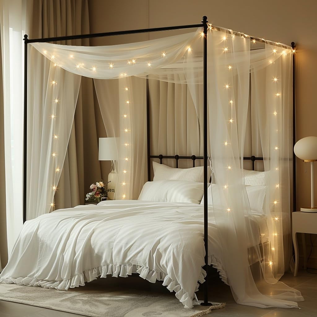 Bed Canopy for Girls with Lights 30 * 228in King Canopy Bed Curtains for Queen & Full Bed White Tulle Canopy Bed Scarf,Sheer Bed Drapes,Twin King Canopy Bed Home Decor (White)