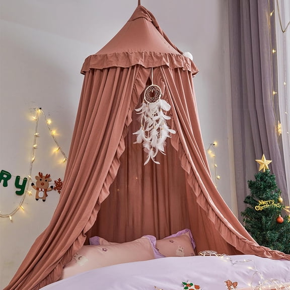 Bed Canopy for Girls,Princess Round Dome Dreamy Mosquito Net Bedding Girls Room Castle Play Tent Hanging House Decor Reading Nook Canopies (JujubeRed)