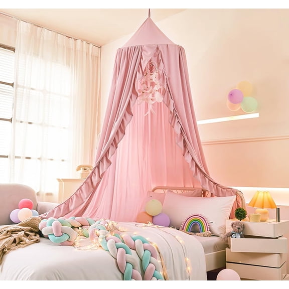 Bed Canopy for Girls,Ruffled Canopy Bed Curtains Canopy for Girls Room,Hanging Canopy Princess Play Tent for Reading Nook Play Room Decor (Beige Pink)