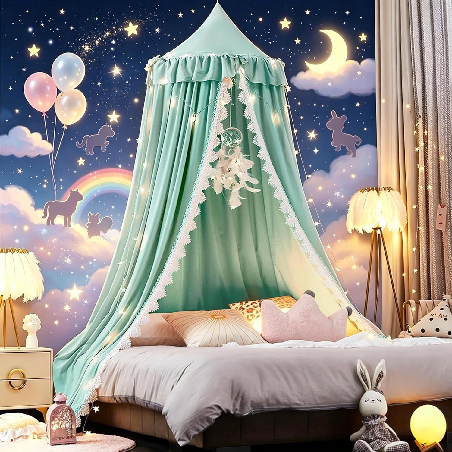 Bed Canopy for Girls, Ruffled Soft Pink Princess Canopy Dreamy Bow Decor, Bed Canopies for Kids Room, Hanging Canopy Bedding Drapes Toddler Reading Nook Play Tent (Green)
